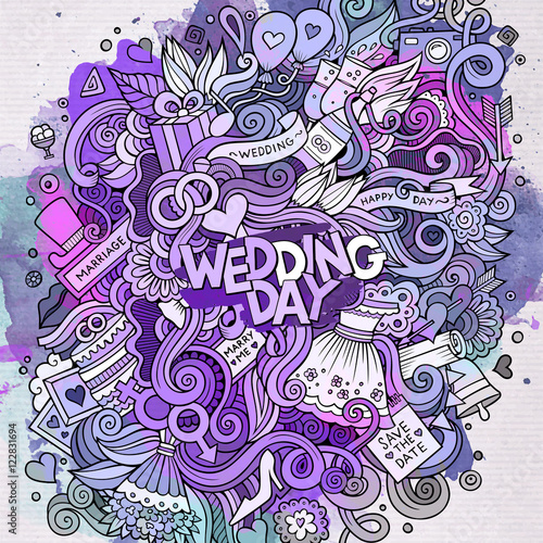 Cartoon cute doodles hand drawn wedding illustration