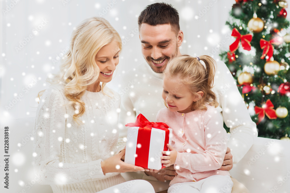 happy family at home with christmas gift box happy family at home with christmas gift box