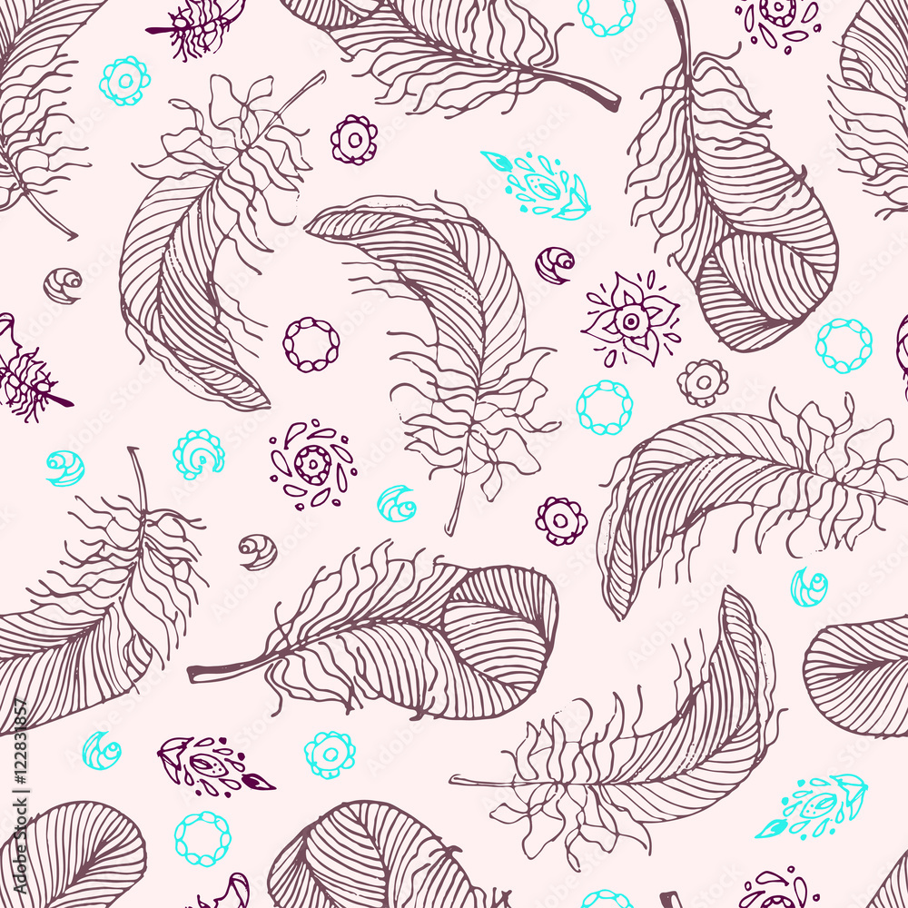 Feathers. Seamless pattern. Doodle, stylized image of bird feathers. Bo-ho style. Template for printing onto fabric, wrapping paper, textiles. Print 4 color