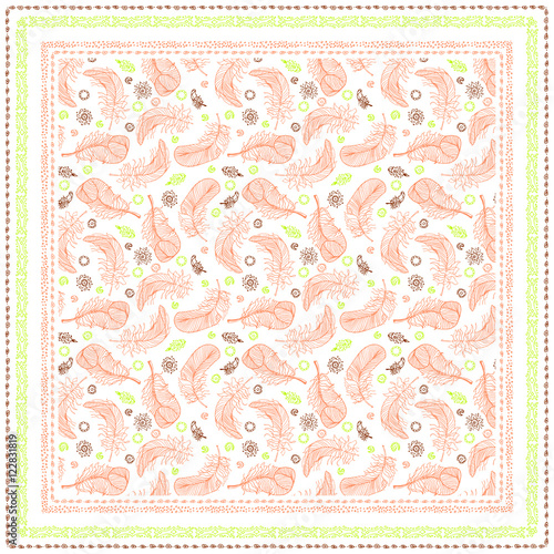 Bandana print with design for silk neck scarf. Feathers and Paisley patterns.Pink warm colors.Traditional ethnic pattern Paisley. Print in 4 colors for textiles, fabrics, home design.