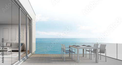 Beach house sketch design, Outdoor dining with sea view - 3d rendering