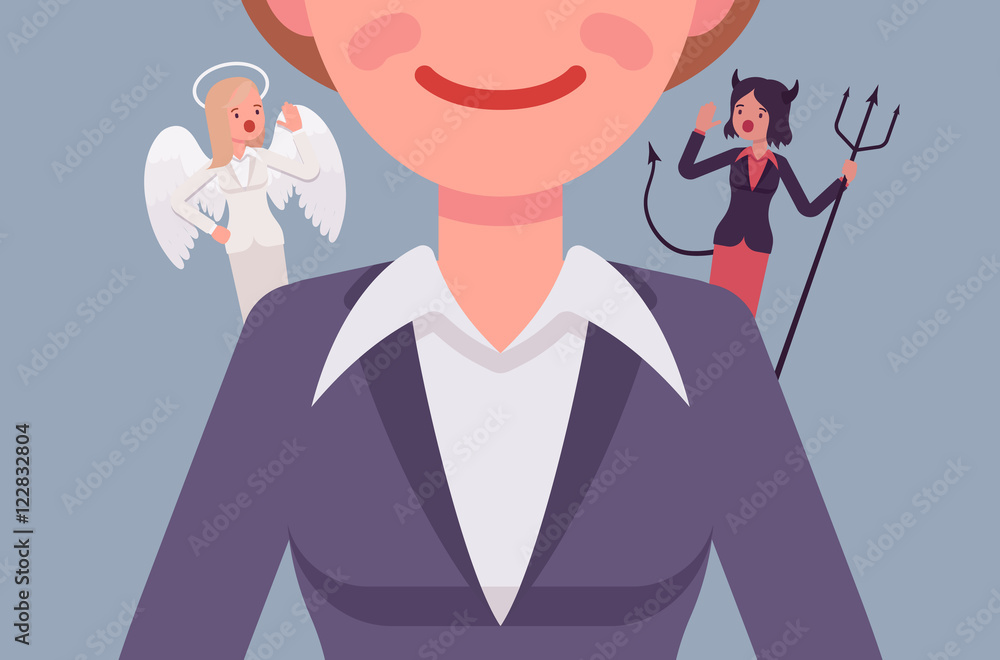 Angel and devil on the woman shoulders, suggesting. Cartoon vector flat ...