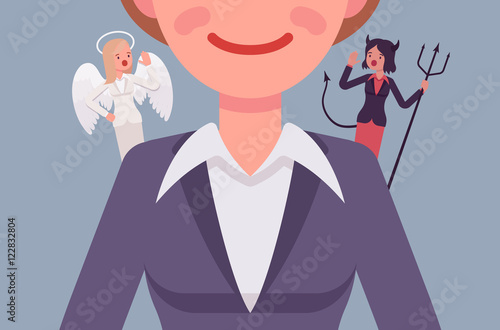 Angel and devil on the woman shoulders, suggesting. Cartoon vector flat-style concept illustration