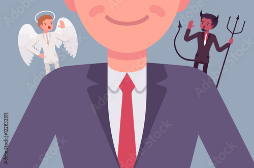 Angel and devil on the man shoulders, suggesting. Cartoon vector flat-style concept illustration