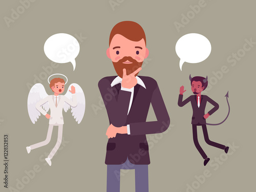 Angel and devil hovering over a thinking man, trying to make a choice, dialogue bubbles above. Cartoon vector flat-style concept illustration