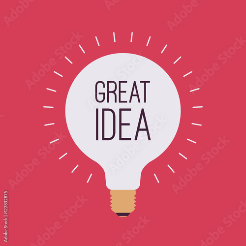 Bright light bulb with a title Great Idea, crimson background. Cartoon vector flat-style illustration