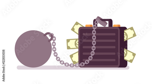 Case full of paper money on a metal chain with a weight. Cartoon vector flat-style concept illustration