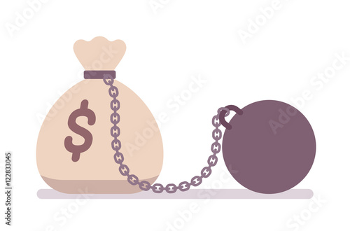 Big money sack on a metal chain with a weight. Cartoon vector flat-style concept illustration