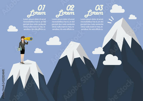 Business woman looking for mountain peak infographic