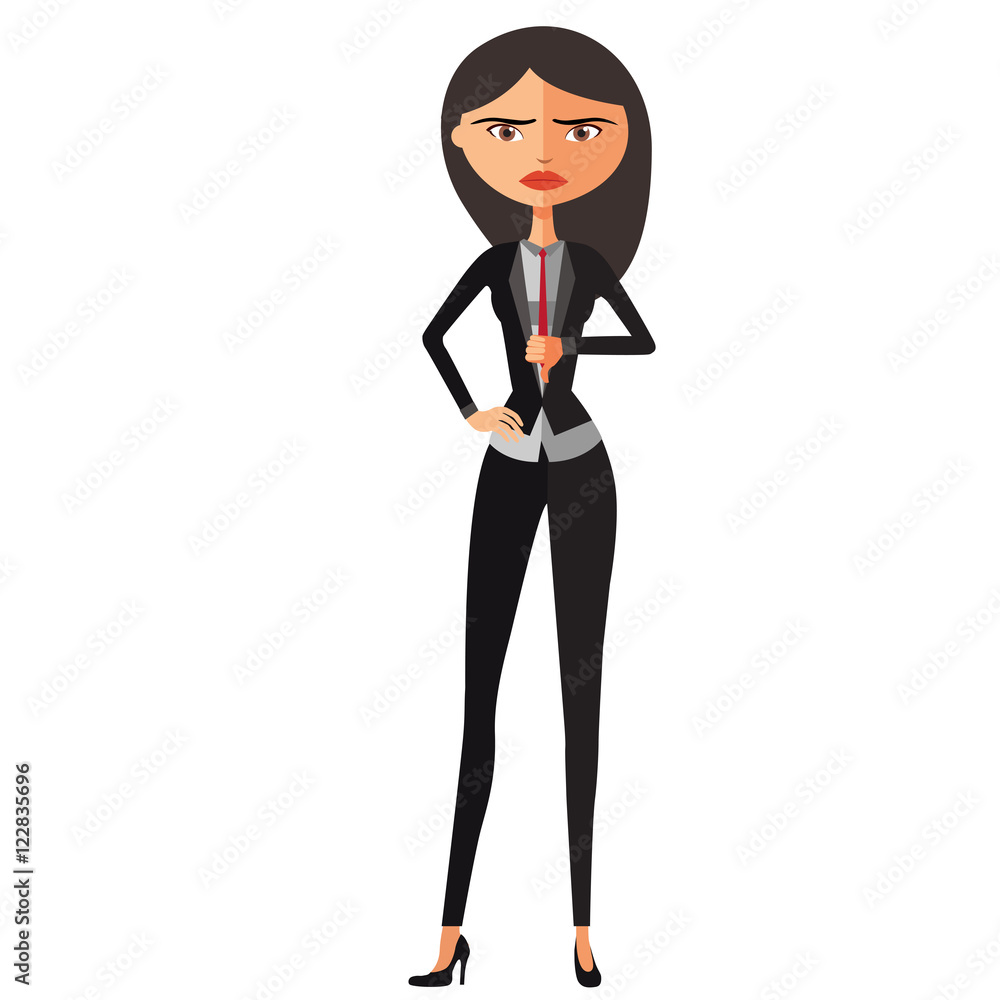 Frowning asian business woman. Flat Strict tutor. Disappointed character. Vector.