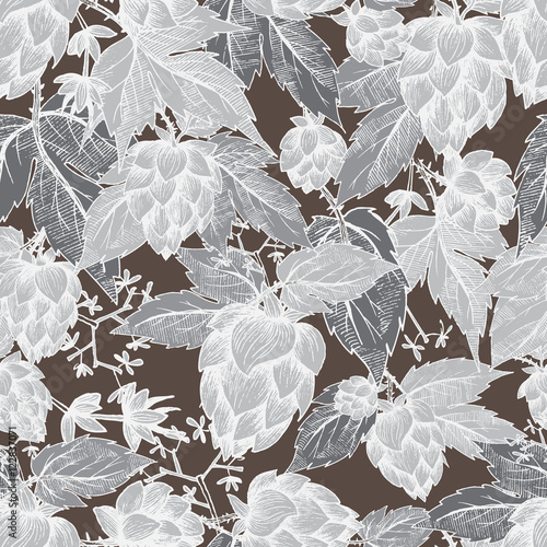 Beer hops seamless pattern of hand drawn hops cones and hops leaves, colorful background, sketch and engraving design hops plants.