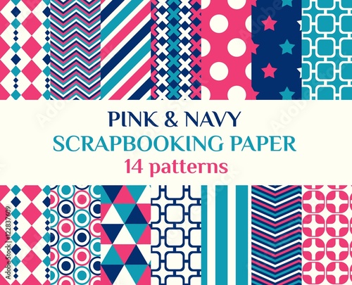 Set of 14 bright abstract patterns. Vector Collection of Bright and Colorful Backgrounds or Digital Papers.  Red, green, purple and yellow colors. Pink & Navy colors. 