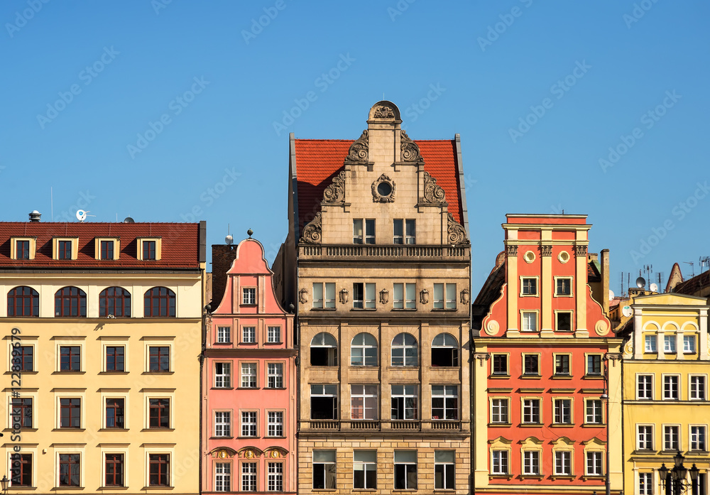 Wroclaw city center. Row of colorful retro buildings on Market square. tenements and apartment for rent. Wroclaw, Poland