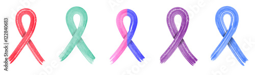 Different Colorful cancer ribbons icon set isolated on white. Cancer and awareness ribbons. Color chart Watercolor style
