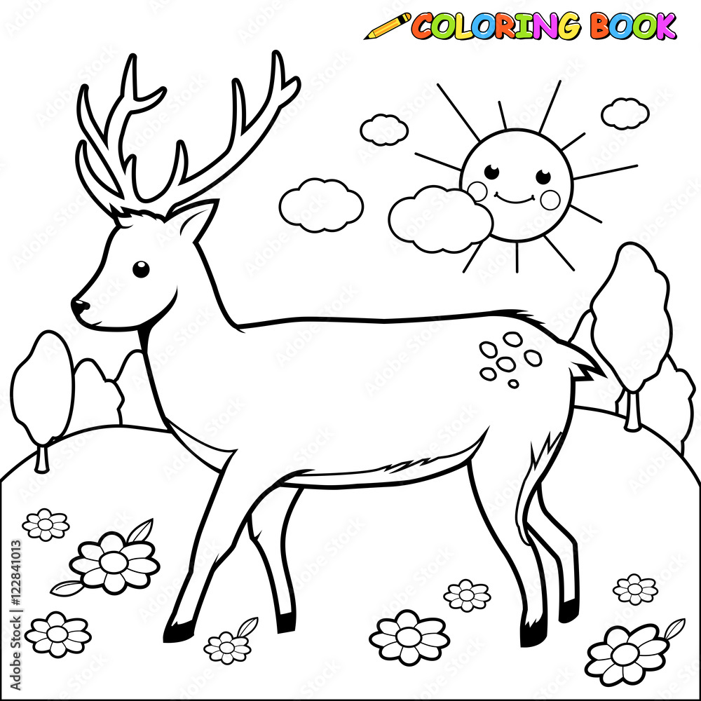 Deer in the forest. Vector black and white coloring page.	