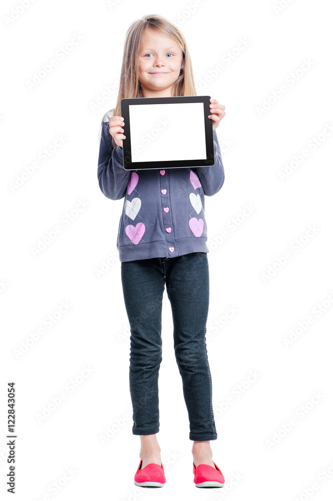 Childhood and technology. Your text here. Full length of cute little girl holding tablet computer with copy space on screen. Isolated on white. Childhood and technology. Your text here. Full length of cute little girl holding tablet computer with copy space on screen. Isolated on white.