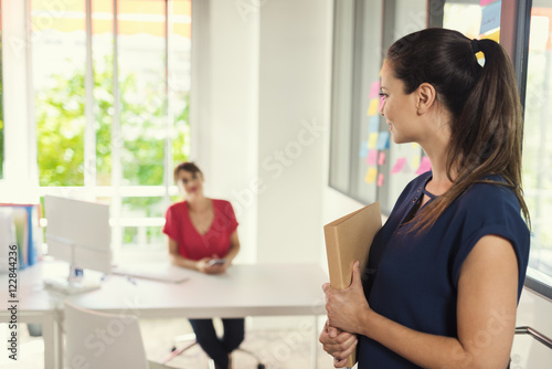 Two women discussing business project at white modern office 