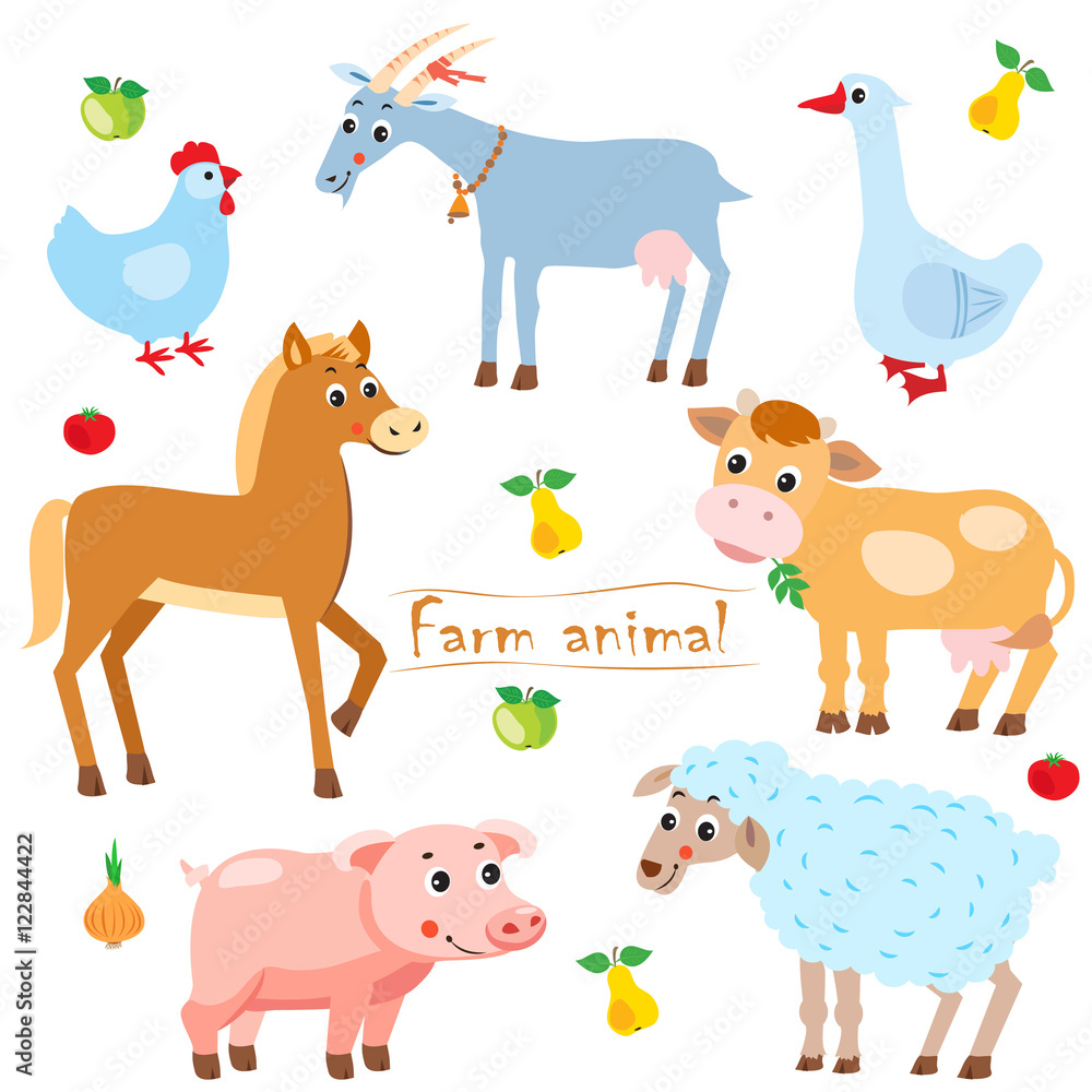 Hen. Goat. Goose. Horse. Cow. Pig. Sheep. Farm Animals. Pets. Animals On A  White Background. Vector Illustration. Farm Animals For Sale. Farm Animals  Toys. Farm Animals For Kids. Farm Animals Babies. Stock