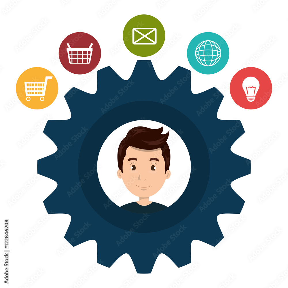 avatar man smiling inside cogwheel and business and shopping icon set. vector illustration