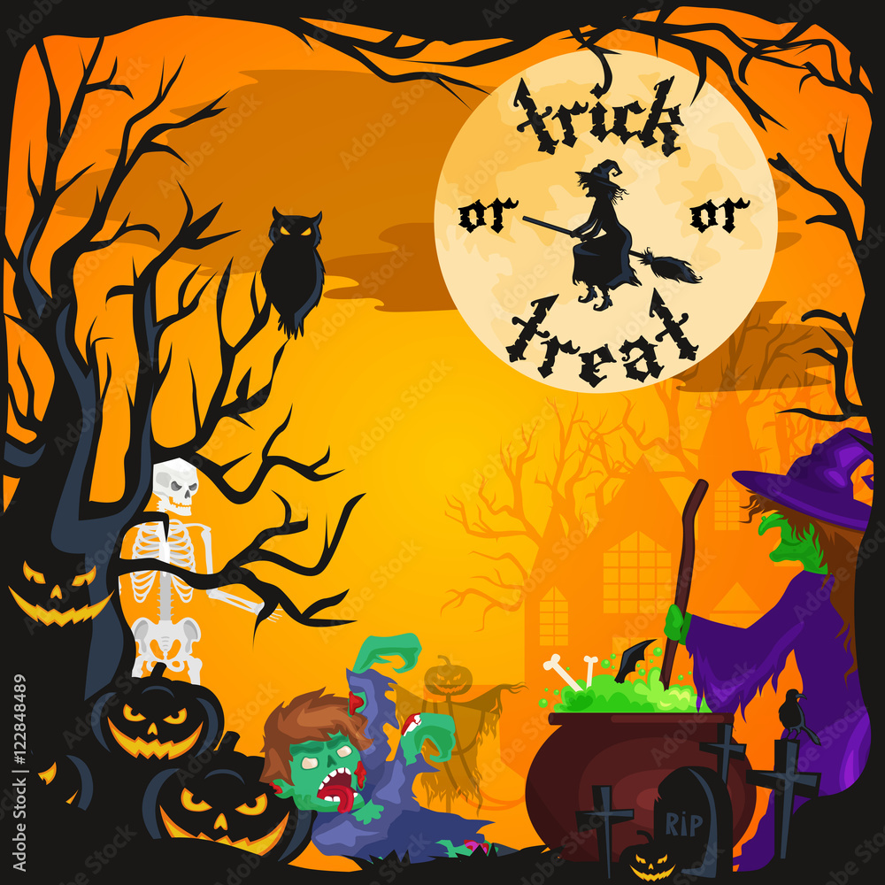 Halloween night background with pumpkin full moon and trick or treat text vector illustration