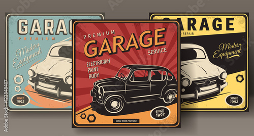 Vector illustration with the image of an old classic car  design logos  posters  banners  signage. Using vintage and grunge style. Retro illustration on the theme of service stations  tire service.
