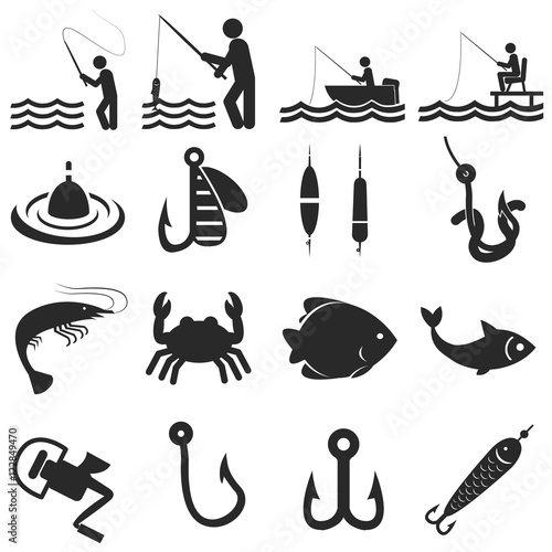 Fishing icons set in single color, vector design