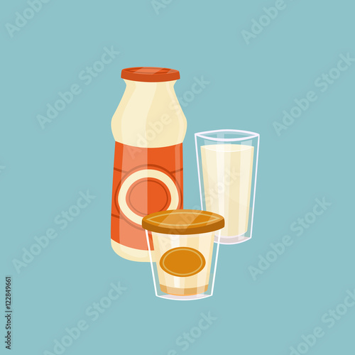 Glass witth milk and other dairy products isolated on blue background, vector illustration. Nutritious and healthy milk products. Natural and healthy food. Organic farmers products. Dairy icon.