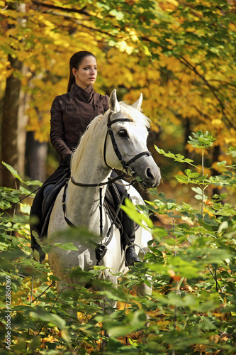 Equestrian model with her horse in autumn nature