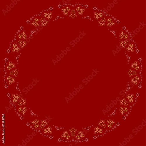 Repeating yellow bells and white stars silhouette pattern on the red background. Border frame with space for text. Christmas and Happy New Year symbol concept vector illustration