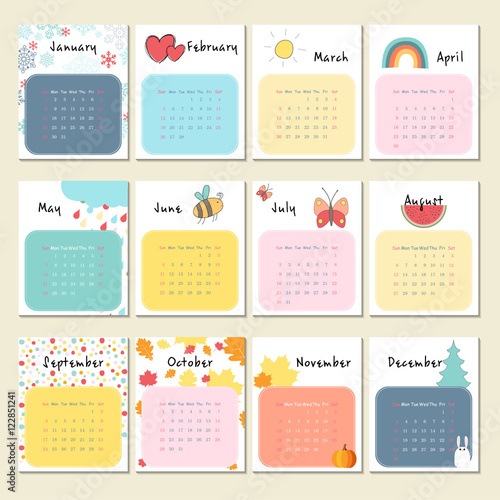 Calendar 2017 with cute animals, insects and other.