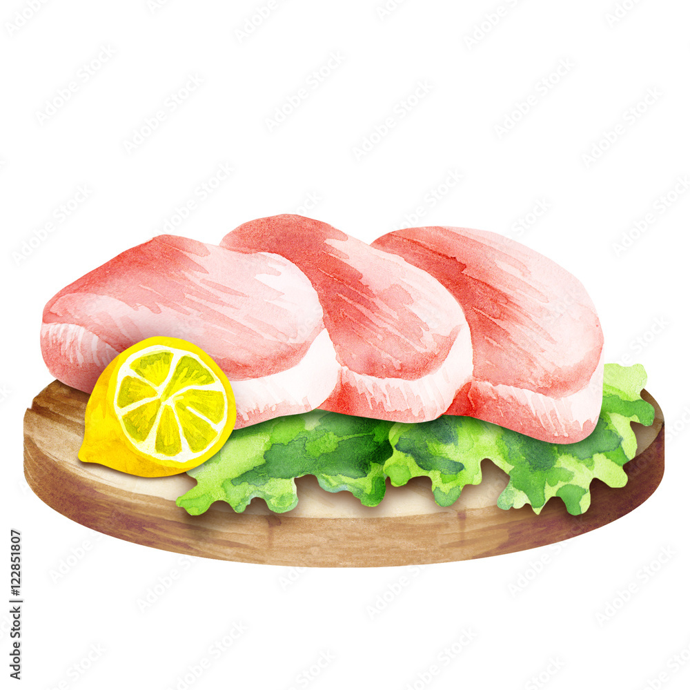 Fresh raw steak on lettuce with lemon on a plate. Watercolor Fresh raw steak on lettuce with lemon on a plate. Watercolor