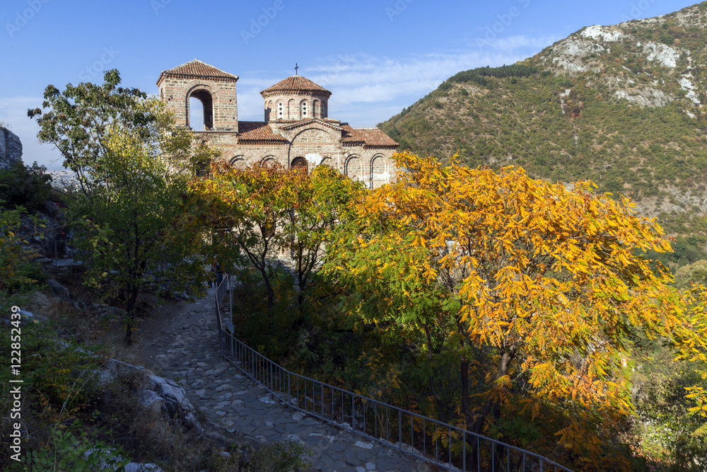 Autumn landscape of Church of the Holy Mother of God in Asen's Fortress, Asenovgrad, Plovdiv Region, Bulgaria