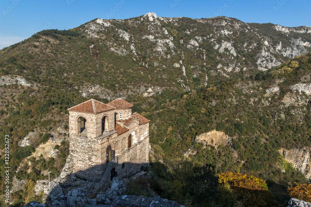 Amazing Panorama of Church of the Holy Mother of God in Asen's Fortress and Rhodopes mountain, Asenovgrad, Plovdiv Region, Bulgaria Amazing Panorama of Church of the Holy Mother of God in Asen's Fortress and Rhodopes mountain, Asenovgrad, Plovdiv Region, Bulgaria