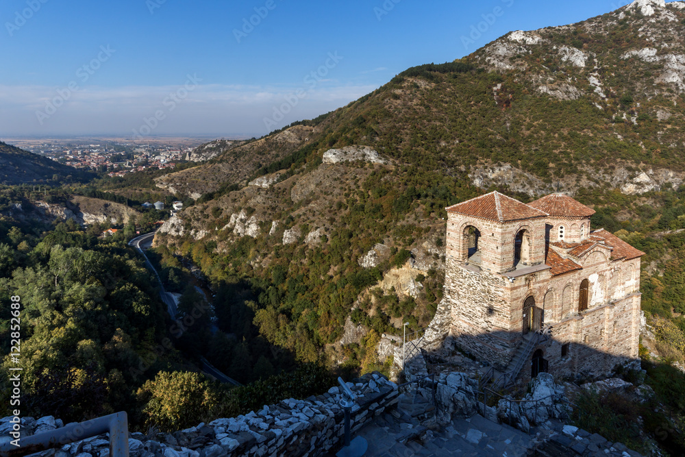Panoramic view of Church of the Holy Mother of God in Asen's Fortress and town of Asenovgrad, Plovdiv Region, Bulgaria Panoramic view of Church of the Holy Mother of God in Asen's Fortress and town of Asenovgrad, Plovdiv Region, Bulgaria