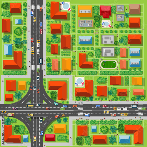 Top view of a highway junction and a traffic intersection in the city with houses, trees and streets