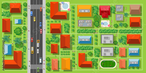 Top view of a highway in the city with houses trees and streets