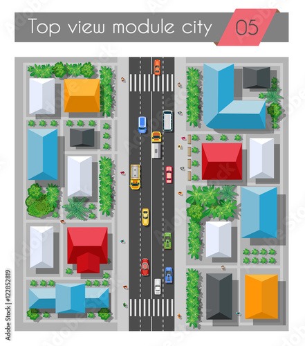 Top view of a highway in the city with houses trees and streets