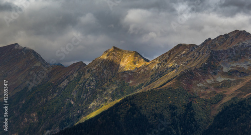Ridge in morning sunburst. Greater Caucasus Mountain Range. 