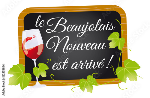 Ardoise Beaujolais Nouveau - verre + feuilles de vigne