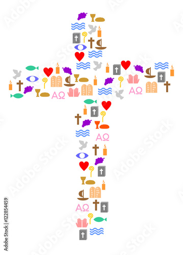 Kreuz mit bunten christlichen Symbolen