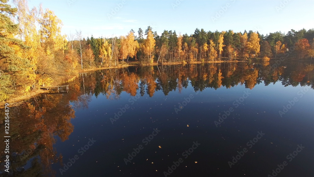 Aerial view of magnificent lake at autumn season