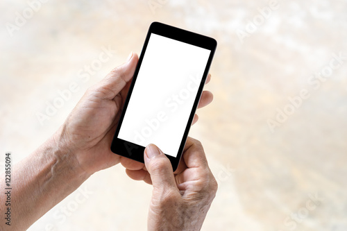 older person, hand using phone white screen