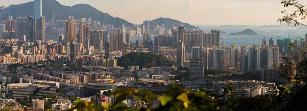 aerial view with Hong Kong skyline and urban skyscrapers in the