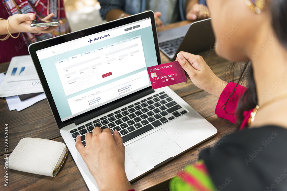 Flight Booking Ticket Online Credit Card Concept - obrazy, fototapety, plakaty 