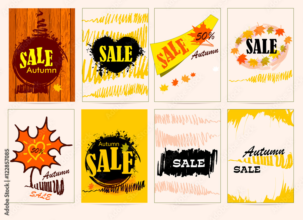 Set template design, banner, flyers, card, label, posters, hand-drawing. Hand drawing of a maple leaf, heart, spots, lines. Grunge background. Collection of autumn sale. Vector illustration EPS10.