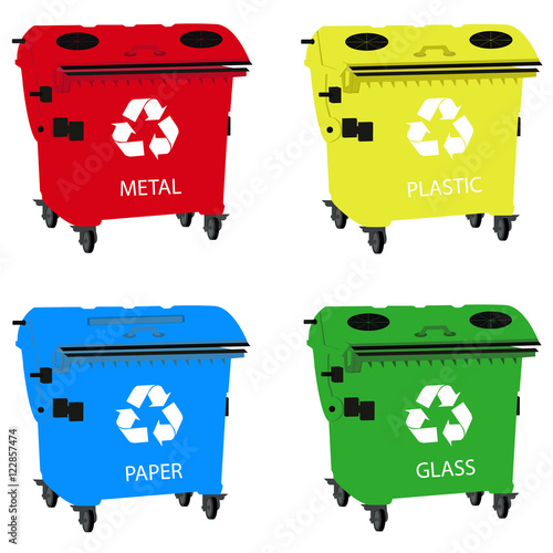 Big containers for recycling waste sorting, recycle bin - plastic, glass, metal, paper