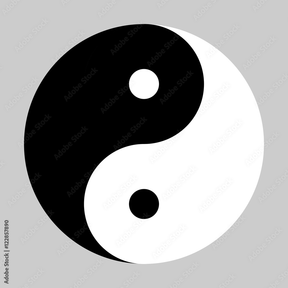 Yin Yang symbol of Chinese phylosophy describes how opposite and contrary forces may be complementary, interconnected and interdependent in the natural world. Black and white illustration on grey Yin Yang symbol of Chinese phylosophy describes how opposite and contrary forces may be complementary, interconnected and interdependent in the natural world. Black and white illustration on grey