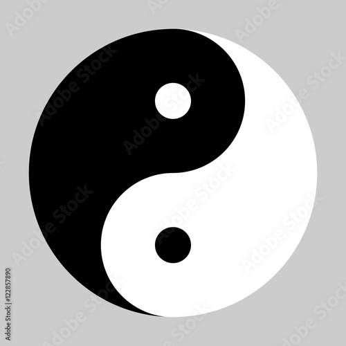 Yin Yang symbol of Chinese phylosophy describes how opposite and contrary forces may be complementary, interconnected and interdependent in the natural world. Black and white illustration on grey