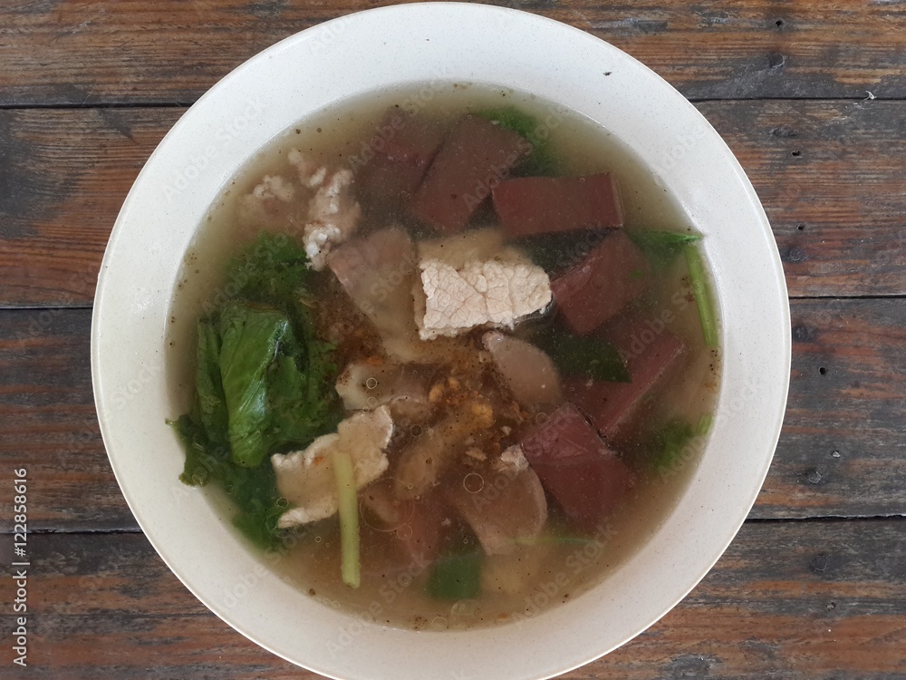 Boiled pig's blood with entrails in soup - Thailand healthy food Boiled pig's blood with entrails in soup - Thailand healthy food