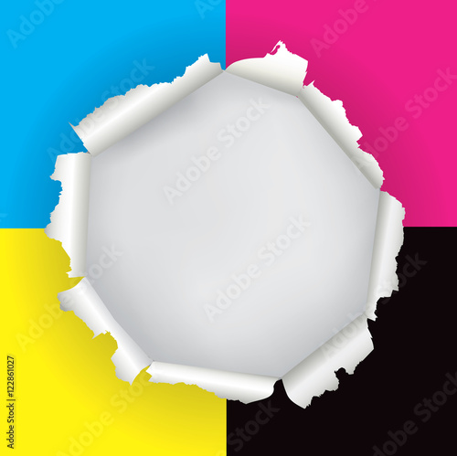 CMYK colors ripped paper hole.
Ripped paper hole with print colors and place for your image or text. Concept for presenting color printing. Vector available.
